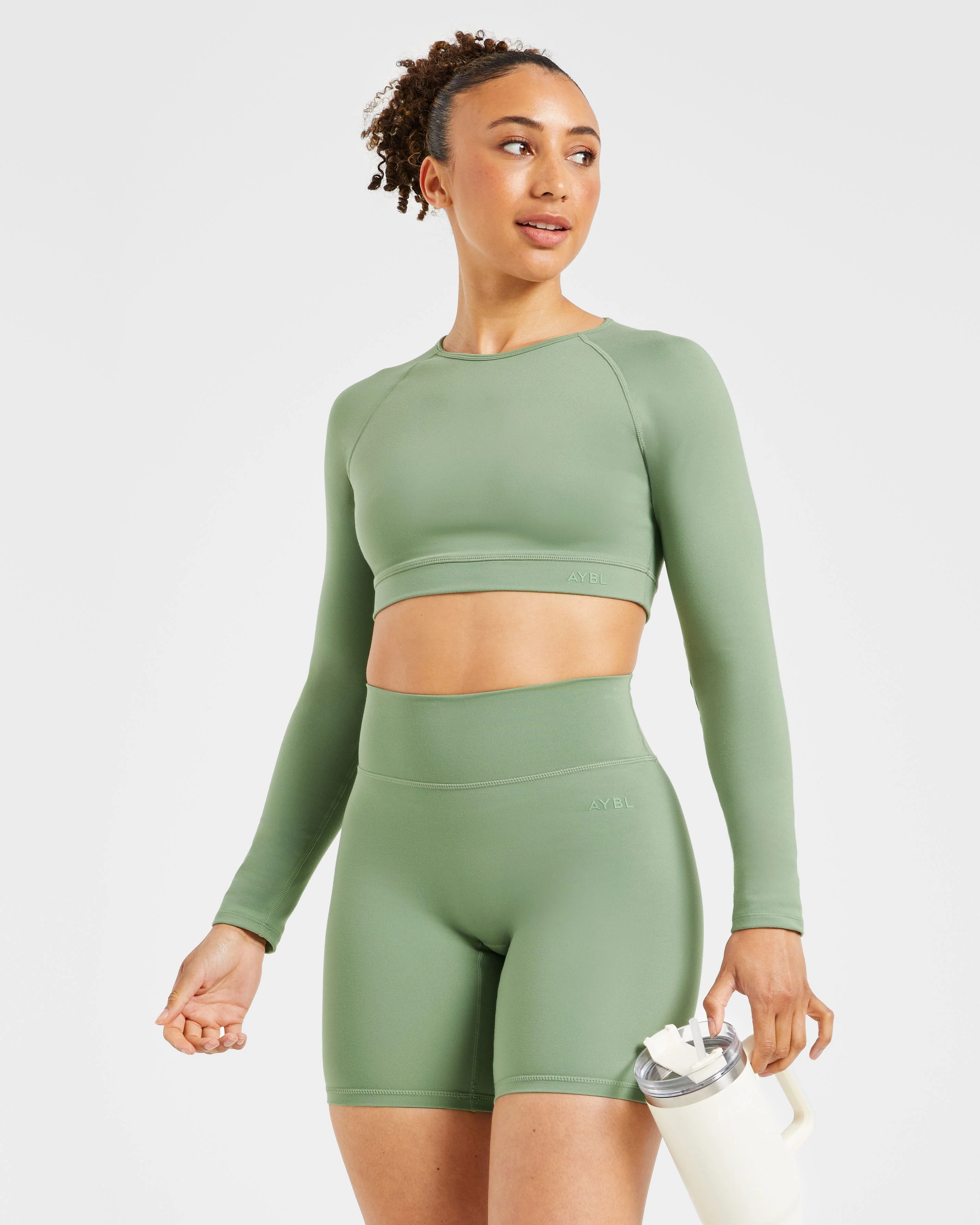 Staple Long Sleeve Crop Top - Olive Vert - Image 7